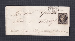 FRANCE 1850 20c CERES IMPERF ON FOLDED LETTER ROUEN TO TOURNY W/ CONTENTS