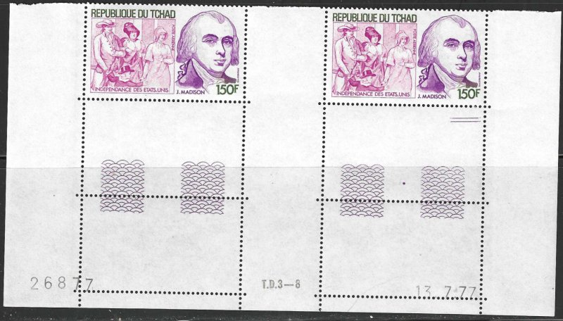 [S1161] Chad # C212-C214 1977 American Revolution Corner Date Pairs Set MNH