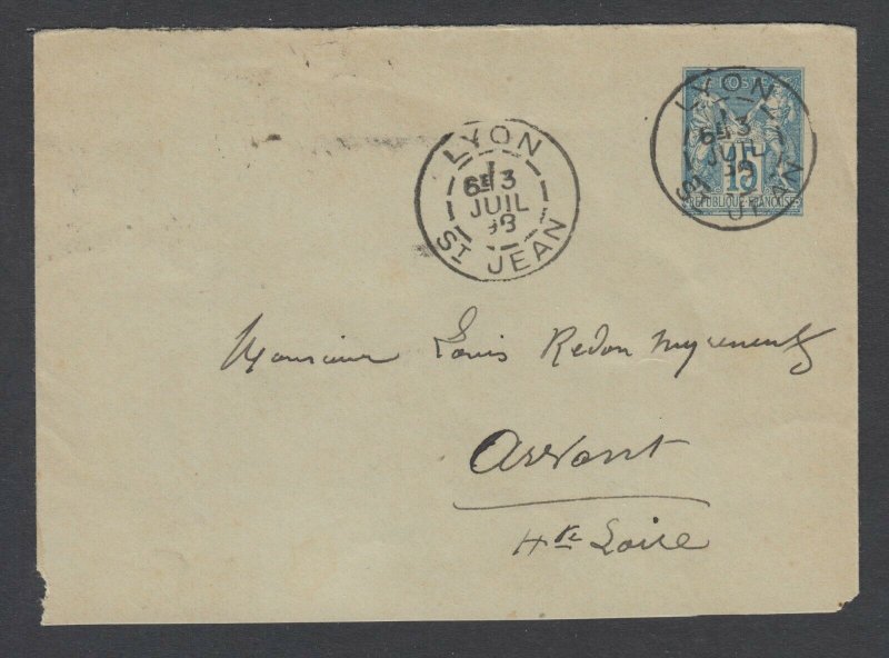 France H&G B2d used. 1894 15c Peace & Commerce, blue on gray blue envelope