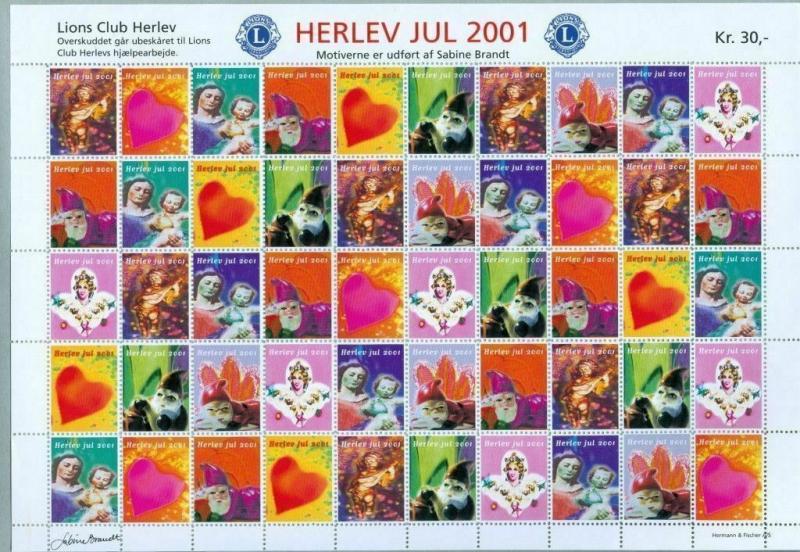 Denmark. Christmas Sheet Mnh 2001. Lions Club. Local Herlev. Santa,Angels,Heart.