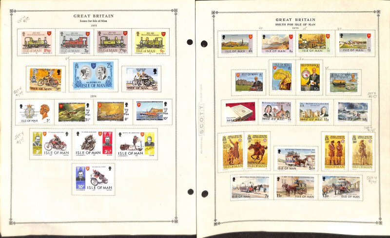 Isle of Man Stamp Collection on 6 Scott International Pages, 1973-1977 (AD)