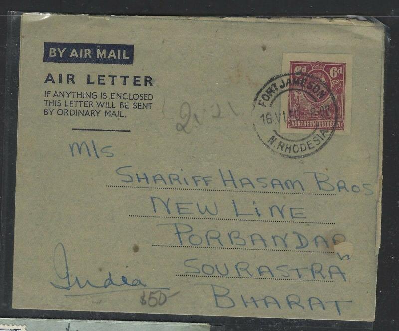 NORTHERN RHODESIA  (P1703B)  1950 KGVI 6D ANIMALS AEROGRAM FORT JAMISON TO INDIA