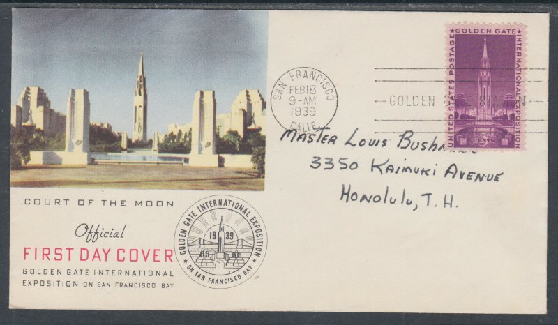 US Planty 852-43 FDC. 1939 3c Golden Gate, Golden Gate Int'l FIRST CACHET