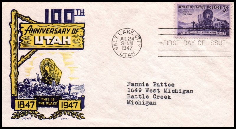 US 950 Utah Settlement Cachet Craft Boll Typed FDC