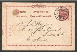 Germany prestamped postcard to England postmarked May 11 , 1894 - I Combine S/H