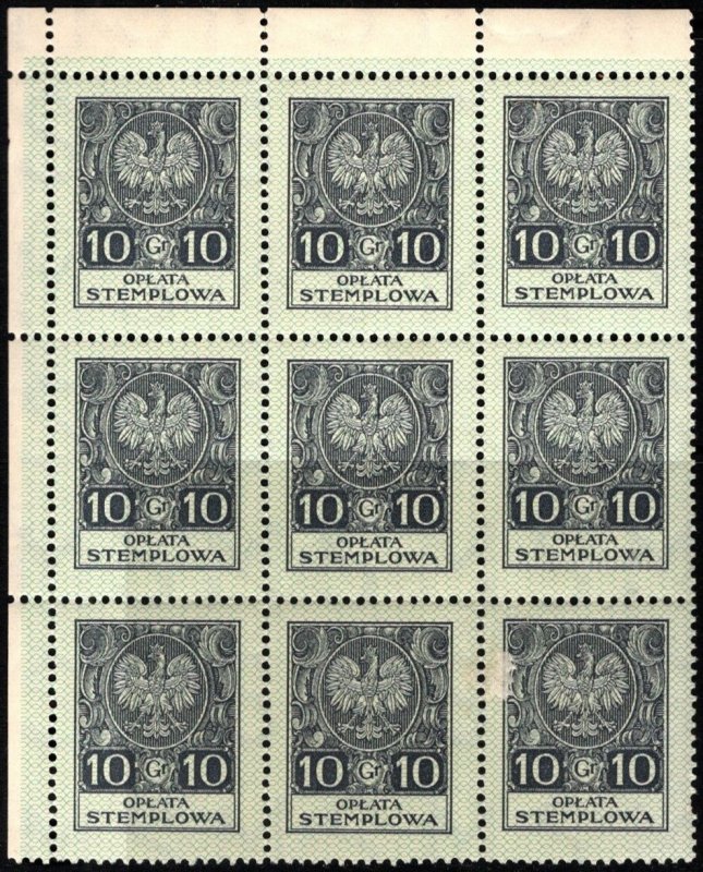 Vintage Poland Revenue 10 Grosz General Stamp Duty Block/9 MNH