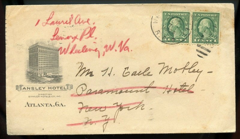 U.S. Scott 498 Booklet Pair on Ansley Hotel Ad Cover W/Georgia RPO Cancel