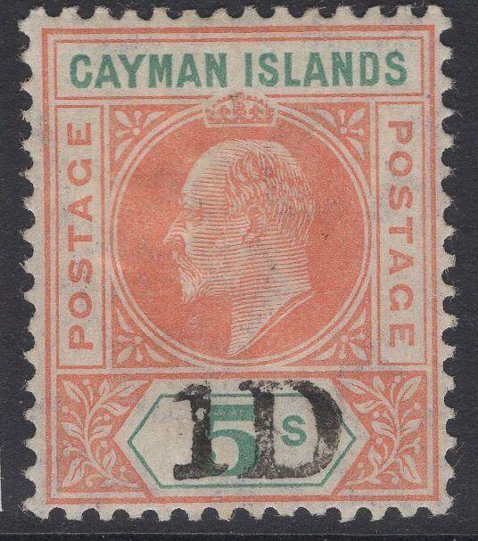 CAYMAN ISLANDS SG19 1907 1d on 5/- SALMON & GREEN MTD MINT