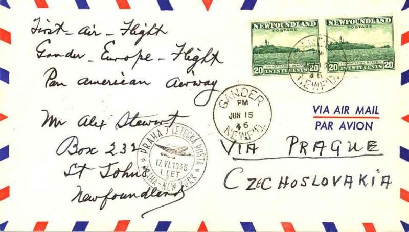 Newfoundland 20c Cape Race (2) 1946 Gander, Newf'd. Pan Am First Flight to Pr...