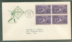 US 855 1939 3c Baseball Centennial (block of four) on an addressed (typed) first day cover with a house of Farnum cachet.