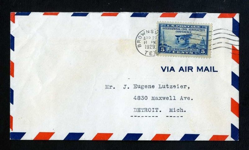 VF/XF Jumbo margin # 650 on Airmail cover from Brownsville, TX - 4-27-1929