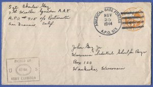 1944 WWII CHRISTMAS ISLAND, APO 915 Airmail Postal Stationery to USA