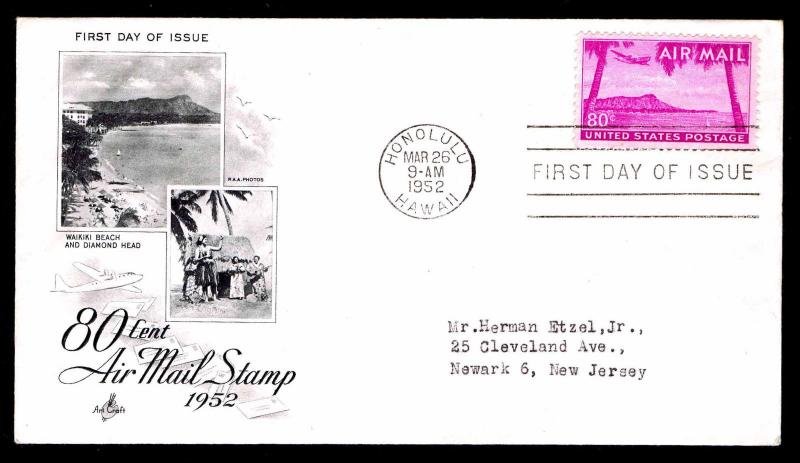 1952 U.S. C46 FIRST DAY OF ISSUE - 80c AIRMAIL - HONOLULU, HI 03/26/52 (E#3548)