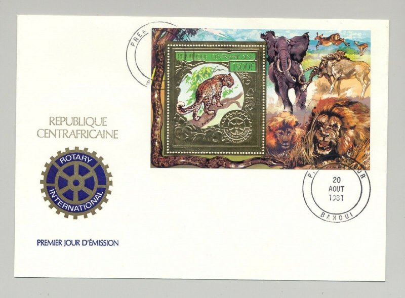 Central Africa 1981 Rotary Leopard 1v Gold Deluxe S/S Perf & Imperf on 2 FDC