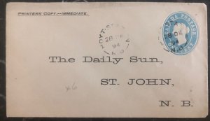 1894 Hoyt Station Canada Postal Stationary Cover To Daily Sun St John NB