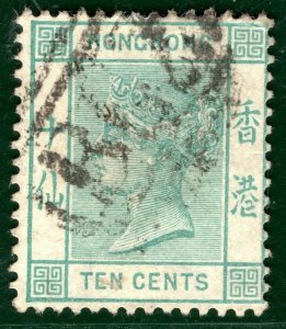 HONG KONG QV Stamp SG.37 10c Deep Blue-Green (1884) Numeral Used Cat £40 SBLUE15