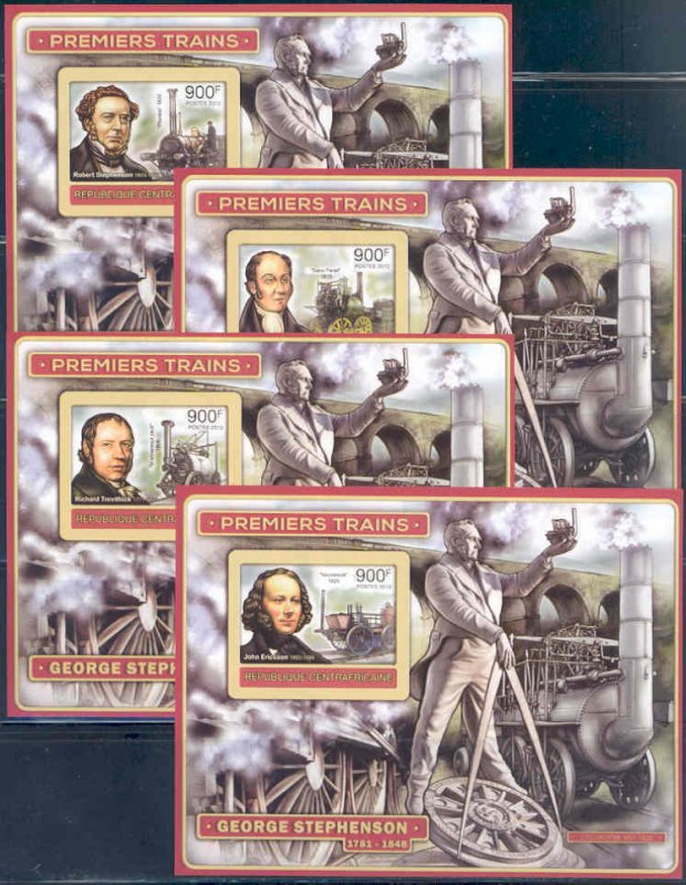 CENTRAL AFRICA 2013 PREMIER TRAINS STEPHENSON SET OF 4 SOUVENIR SHEETS MINT NH