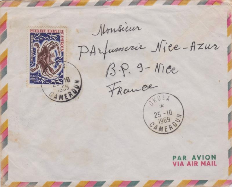 Cameroun 30F Crab 1969 Okala, Cameroun Airmail to Nice, France.  EUROPEAN SIZE