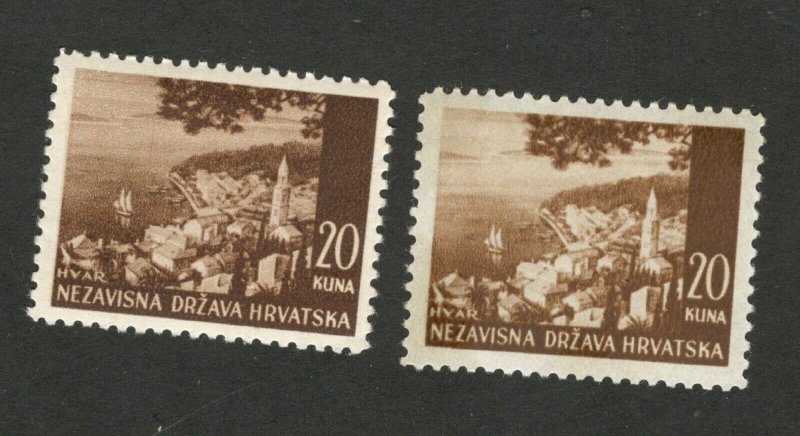 CROATIA - NDH - 2 MNH STAMPS, 20 kuna - DIFERENT COLOR -1941/42/43.