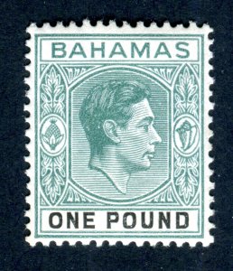 Bahamas 1938 KGVI. £1 blue green & black. Mint. NH. SG157a.