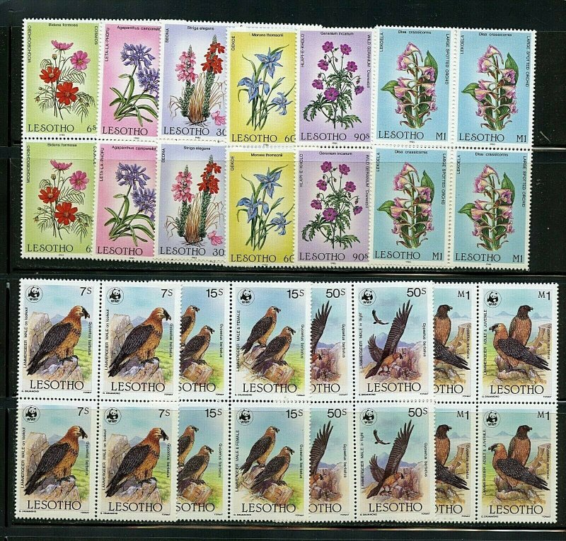 Lesotho #496-501, 512-5 (LE051) Comp sets blocks of 4, Flowers & Birds,CV$109.60