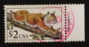 US #2482 Used F/VF w/USPS 1990 Edge Piece - $2 Bobcat