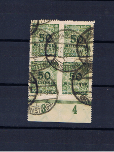 GERMANY 1923 50million ROULETTED BLOCK OF 4 USED