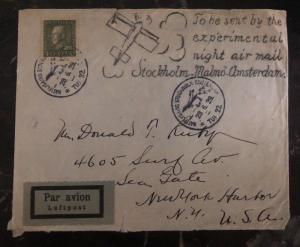 1929 Stockholm Sweden First Flight cover FFC to Amsterdam Experimental Night Mai