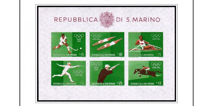 COLOR PRINTED SAN MARINO 1941-1965 STAMP ALBUM PAGES (40 illustrated pages)