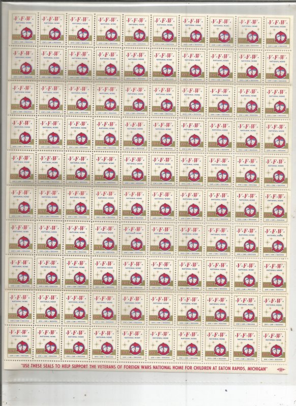 VFW NATIONAL HOME POSTER STAMPS, FULL SHEET, 1964-65