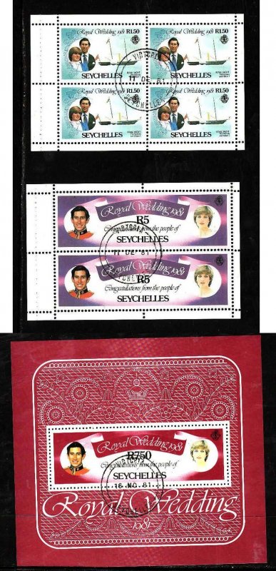 Seychelles-Sc#469a,472a,474A- id7-used 2 booklet panes & sheet-Royal Wedding-Pri