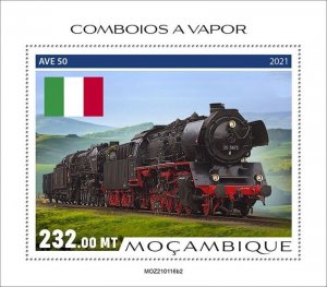 Mozambique - 2021 Steam Trains and Flags - Stamp Souvenir Sheet - MOZ210116b2 