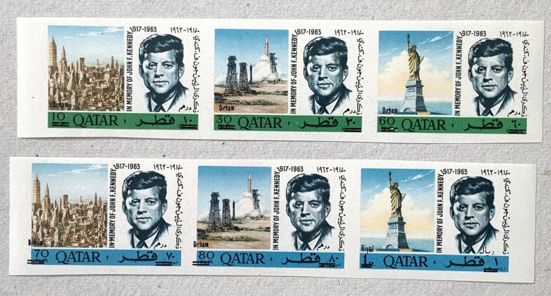 Qatar 1966 New Currency JFK IMPERF strips. Scott 119-119A CV $80+. Mi 252-257