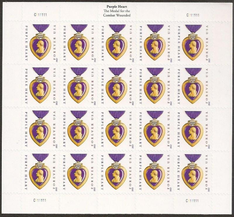 US 4704 Purple Heart Medal forever sheet C111111 (20 stamps) MNH 2012