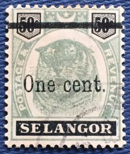 MALAYA 1910 SELANGOR Tiger One Cent opt 50c Fine Used SG#66b M4989