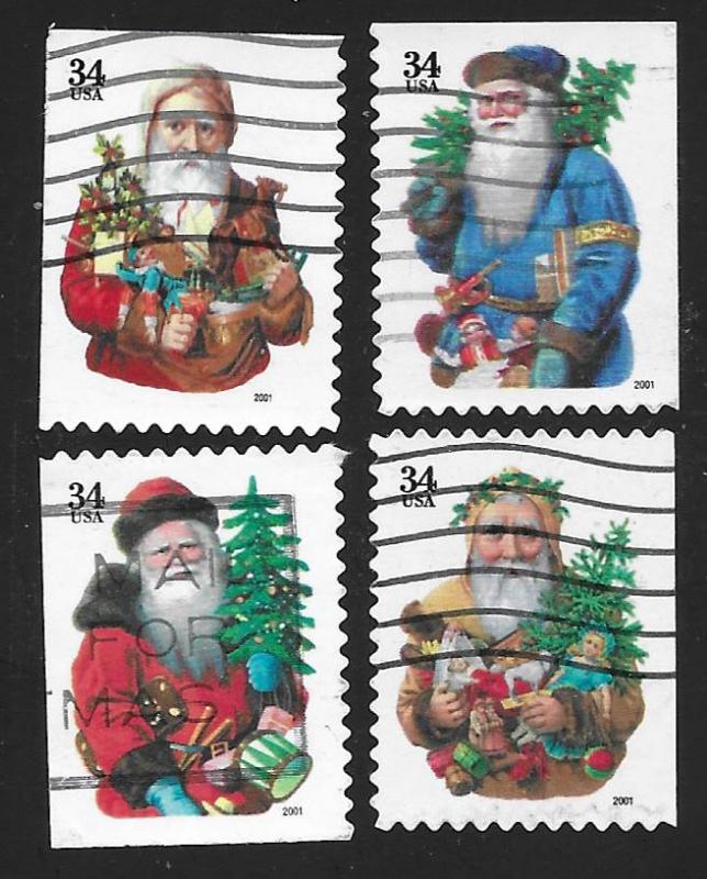 SC# 3537-40 - (34c) - 19th Century Santa, black denom, Used set/4 Off Paper
