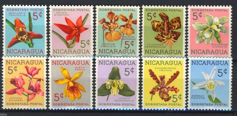 Nicaragua 1962, Flowers Orchids Postal Tax set, Sc RA66-75 MNH