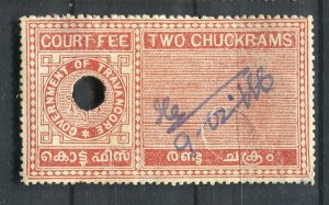 INDIA; TRAVANCORE early 1900s Local Revenue issue used Shade of 2c. value