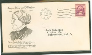 US 784 1936 3c Susan B. Anthony/19th amendment (single) on an addressed (typed) first day cover with a Grimsland cachet.