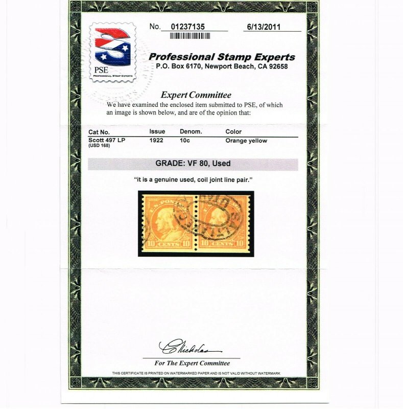 EXCEPTIONAL GENUINE SCOTT #497 USED COIL LINE PAIR PSE CERT GRADED VF-80  #9668