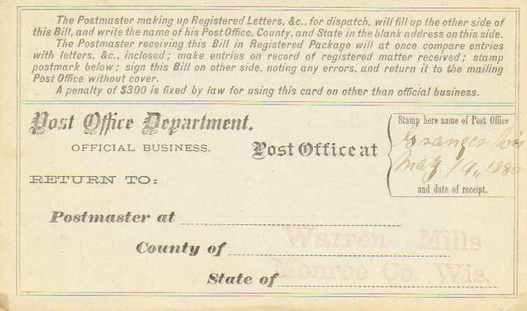 United States Wisconsin Granger 1880 ms  1873-1896  Registry Receipt Card.