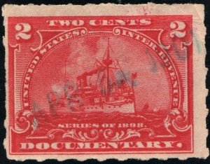 R164p 2¢ Battleship Documentary Stamp: Hyphen Hole  Perf 7 (1898) Date Stamped