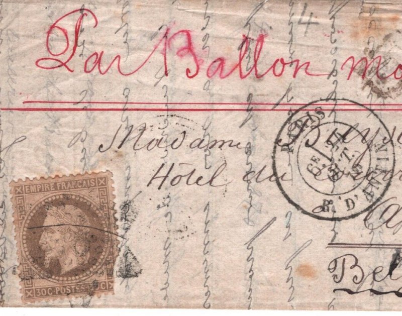 France BALLON MONTE 30c Cover 1870 PARIS SIEGE Belgium Per *MONTGOLFIER*? MA1014