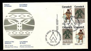 Canada-Sc#576-7-stamps on FDC-LL plate block-Indians of the Subarctic-1975-