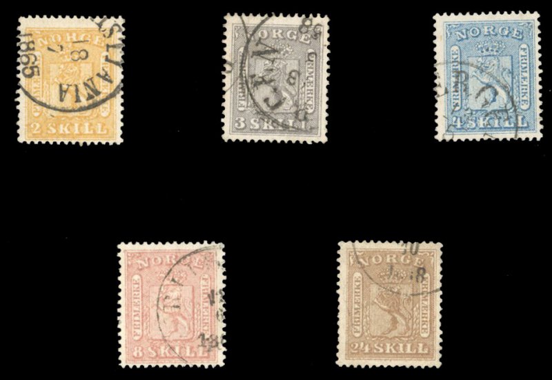 Norway #6-10 Cat$740, 1863 2s-24s, set of five, used