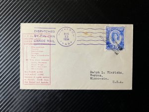 1934 Tonga Tin Can Canoe Mail Cover Niuafoou Island to Verona Wisconsin USA