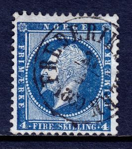 NORWAY — SCOTT 4 — 1856 KING OSCAR I 4s BLUE — USED — VF — SCV $17.00