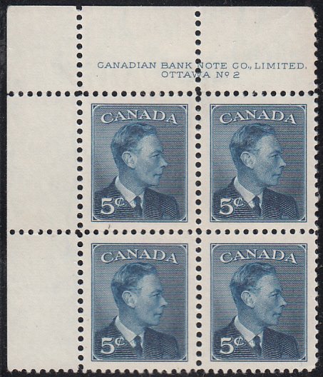 Canada 1950 MNH Sc #293 5c George VI Plate 2 UL