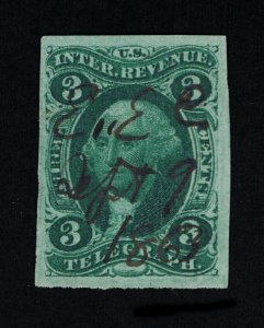 GENUINE SCOTT #R19a F-VF 1862-71 GREEN 1ST ISSUE REVENUE TELEGRAPH ON OLD PAPER