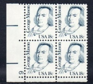 1981 George Mason Plate Block Of 4 18c Postage Stamps, Sc# 1858, MNH, OG